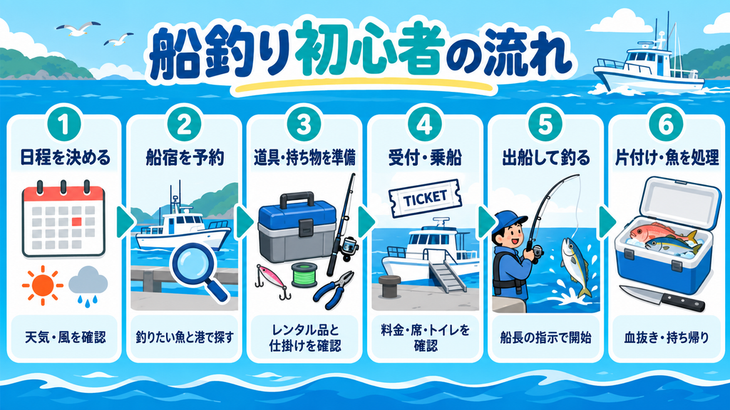 船釣り初心者の予約から当日、片付けまでの流れを示した図解