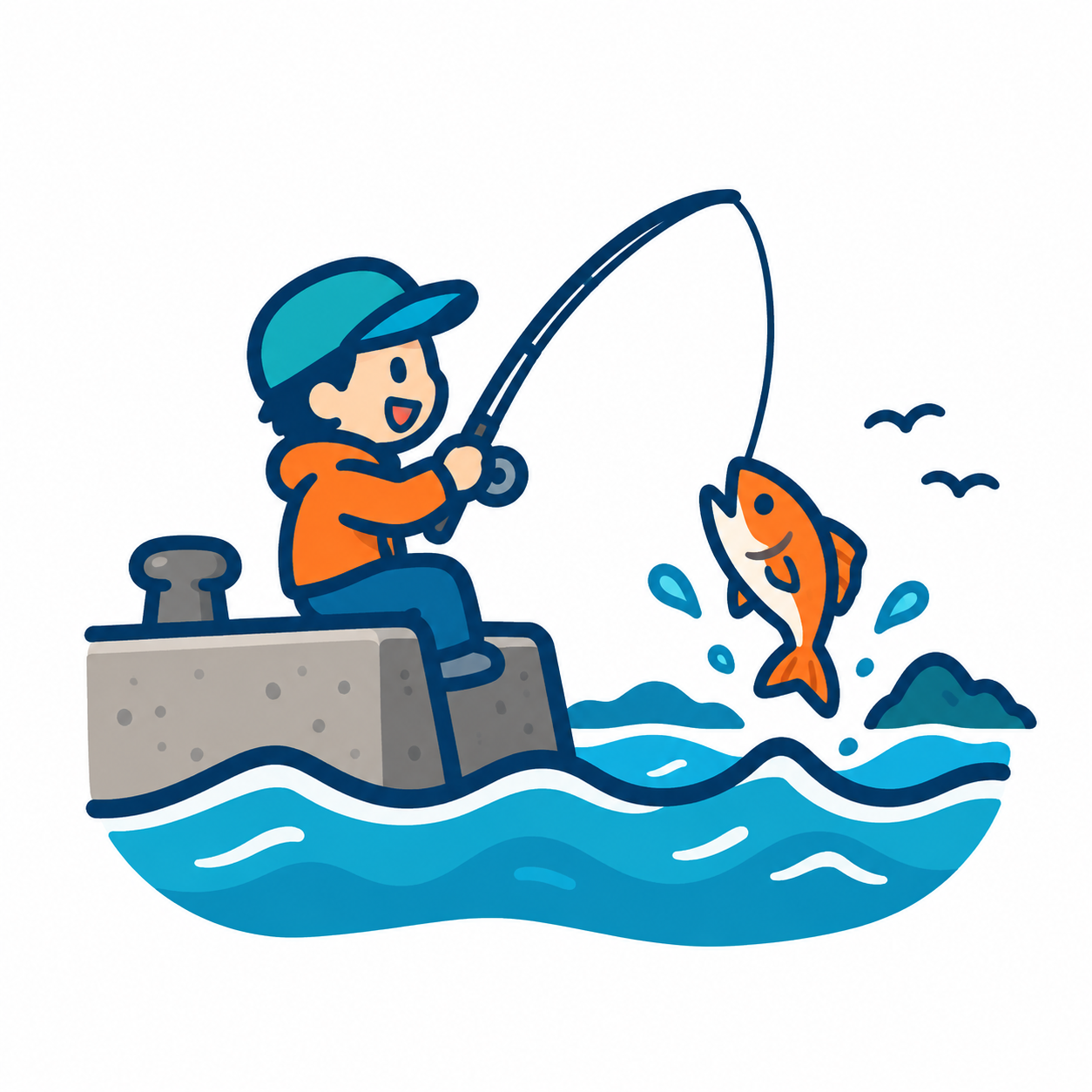 堤防から釣りをする人のイラスト｜海釣り